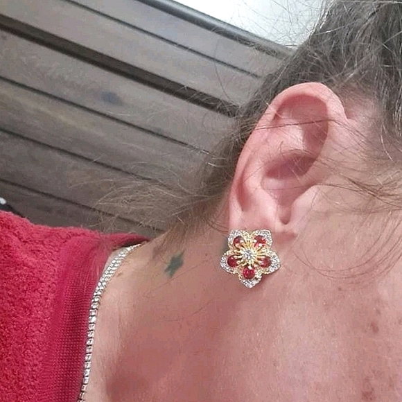💖 2/$30 Womens boho Floral Rhinestone red gold elegant Stud cocktail Earrings - Picture 13 of 15